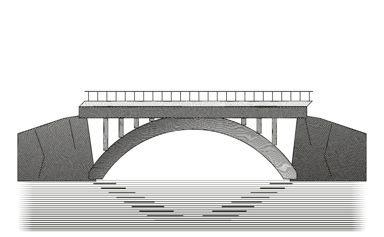 Engraved illustration of an arched stone bridge spanning water.