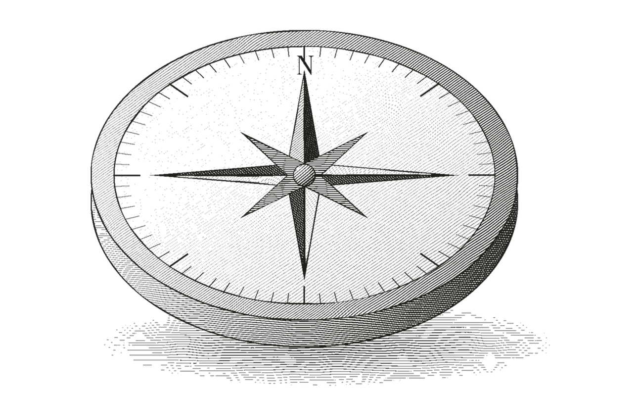 Engraved illustration of a compass pointing north.