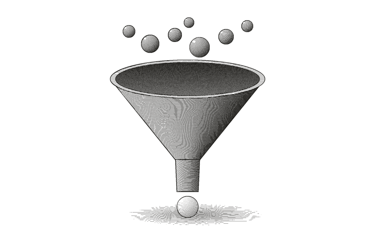 Engraved illustration of many spheres narrowing through a funnel to one.