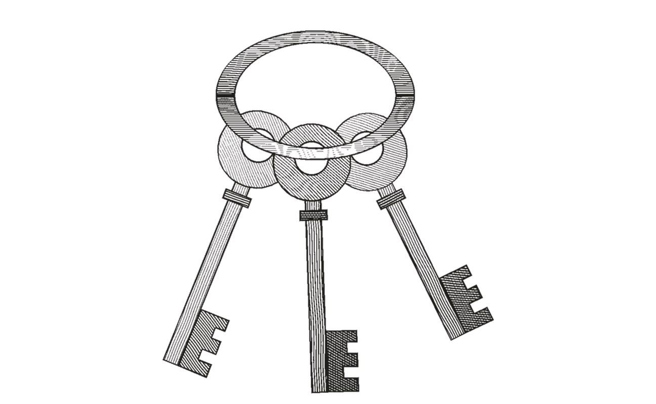 Engraved illustration of a ring of three keys.