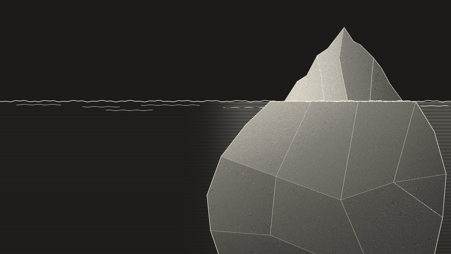 Line drawing of an iceberg: a small peak above the waterline and a far larger mass below it.